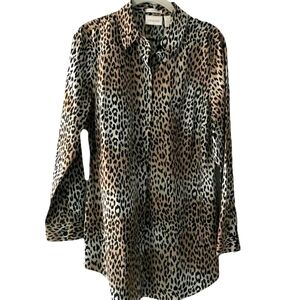 Chico's Leopard Print Collar Shirt Blouse LS No-Iron Black/Creams Size 8 NWOT